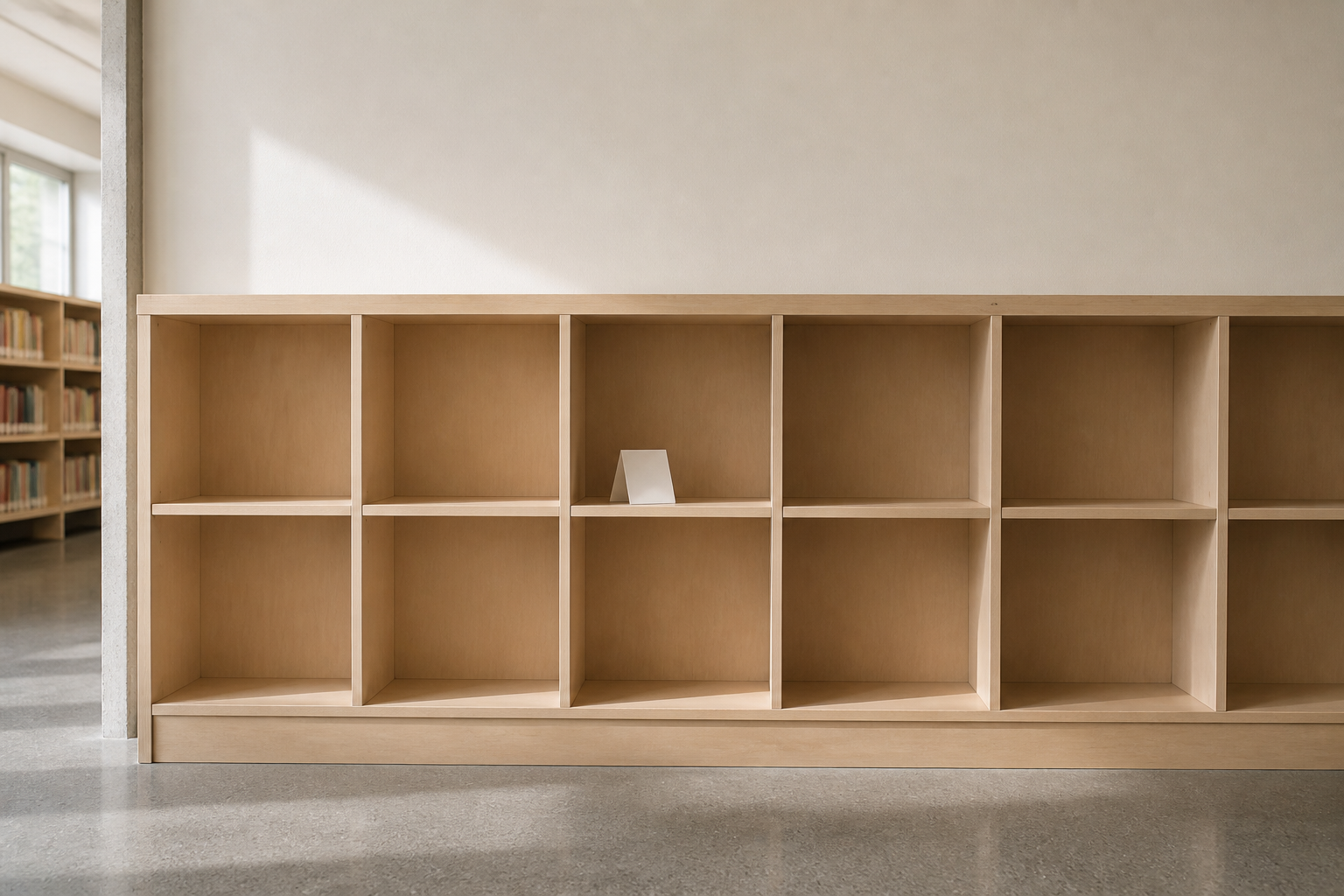 A nearly empty wooden library shelf divided into open compartments, with one plain folded card in the center